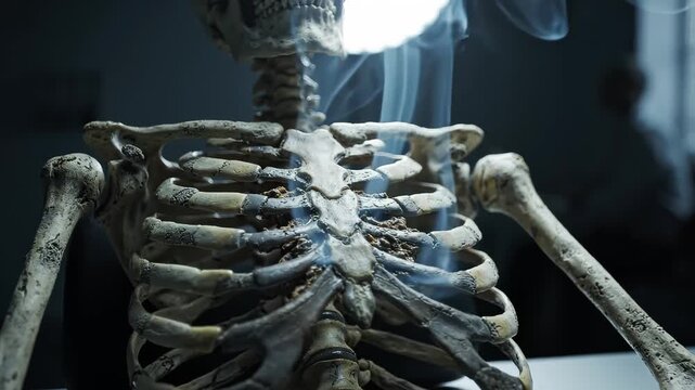 Anatomical human skeleton smoking with rising wisps of dark magical ethereal smoke in a dark room setting.