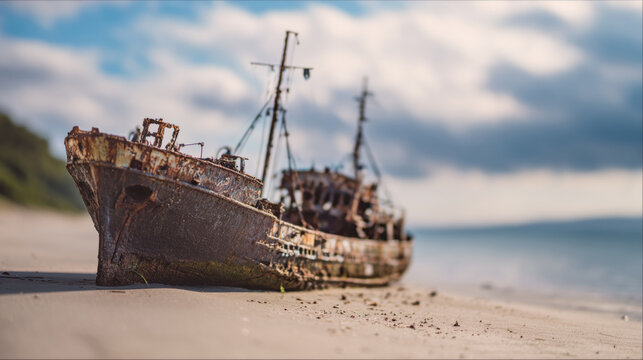 Rusty ship rests on sandy beach near the water with cloudy sky in the background during late afternoon