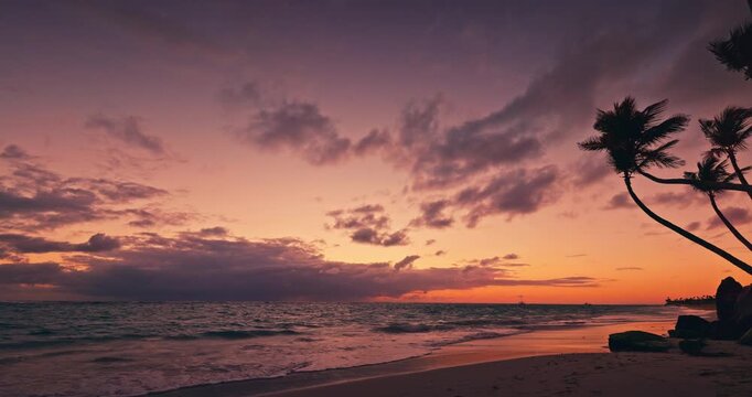 Tropical beach sunset with palm trees and dramatic golden clouds summer travel exotic vacation Punta Cana Dominican republic
