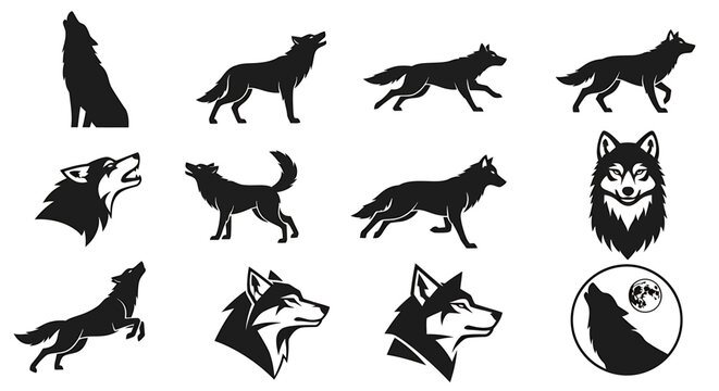 Black silhouettes of wolves howling and running freely outdoors at night.