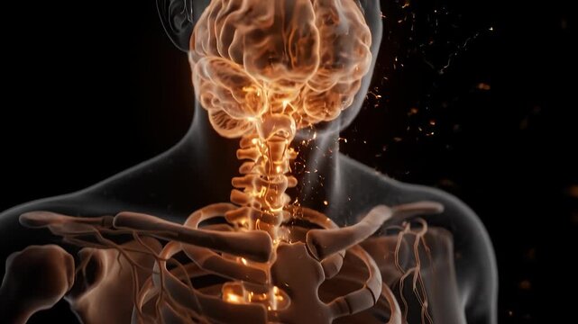 Abstract digital medical animation showing glowing human brain and spine structure with neural pathway visualization and energy pulses inside a translucent torso silhouette on black background.