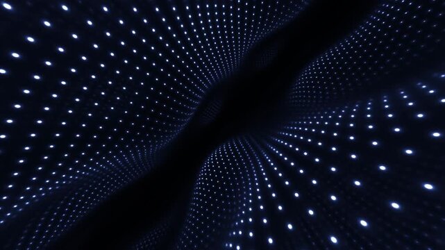 Tunnel made of lights with many bright dots appearing and disappearing in a dark space. Lines connect the dots as the view moves through the tunnel