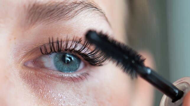 Applying mascara to enhance eyelashes during a beauty routine in a bright setting