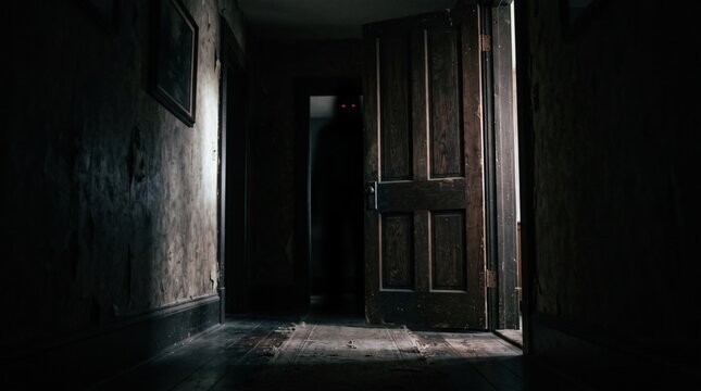 Spooky hallway with glowing red eyes in the darkness behind an open door