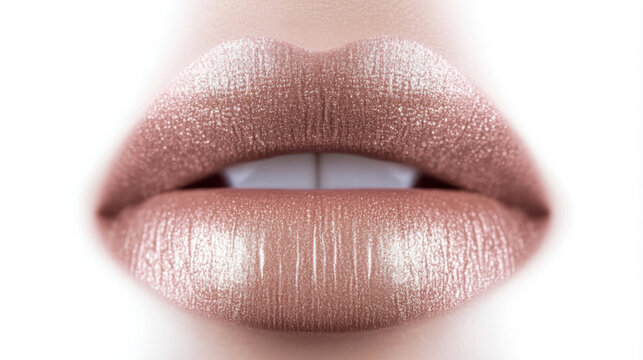 Close-up view of glossy lips adorned with elegant nude lipstick shade