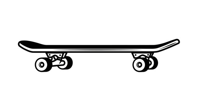 A skateboard with wheels is shown in profile view horizontally