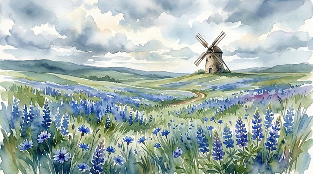 Watercolor painting of a picturesque landscape with a rustic windmill in a field of blue lupine flowers