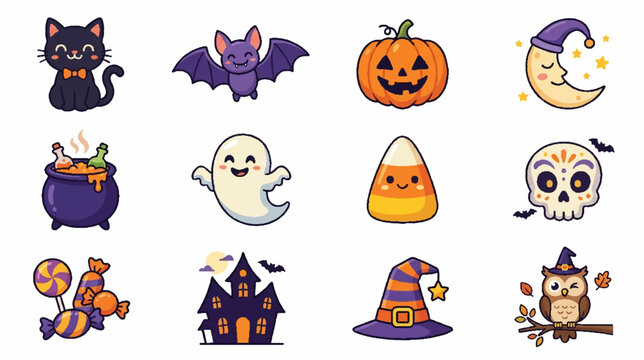 Halloween halftone icon set with pumpkin bat candy corn and ghost