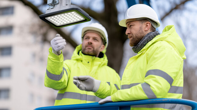 Municipal Electrical Workers in Aerial Lift Truck Repairing LED Street Lighting