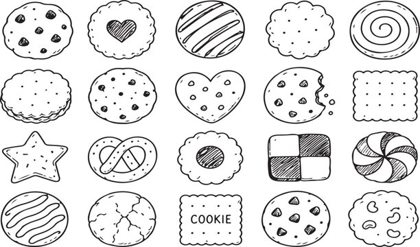 Hand drawn doodle set of various delicious cookies and biscuits Vector