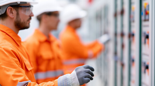Softly Blurred Industrial Electricians in Arc Flash Protective Clothing Servicing Electrical Control Panels