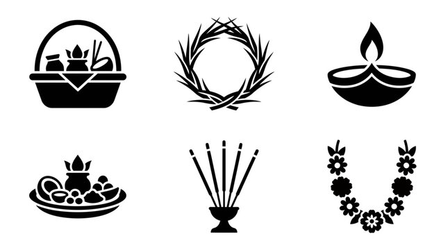 Durva Ashtami celebration silhouette symbols, prayer basket, sacred grass wreath, diya lamp, offering plate, incense holder, floral garland, exactly six symbols only