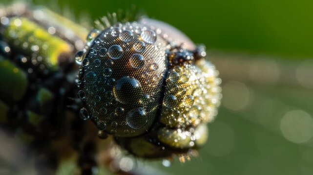 Extreme Macro Closeup of Dragonfly Head with Dew Drops. Detailed insect anatomy with water beads on large compound eyes, beautiful nature photography capturing biological patterns and morning moisture