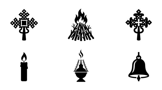 Meskel festival silhouette symbols, Meskel cross, bonfire, Ethiopian processional cross, candle, incense burner, church bell, exactly six symbols only