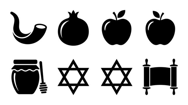 Rosh Hashanah silhouette symbols, shofar horn, pomegranate, apple, honey jar, Star of David, Torah scroll, exactly six symbols only