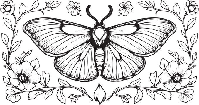 Black and white line art illustration of a moth with decorative flowers Vector