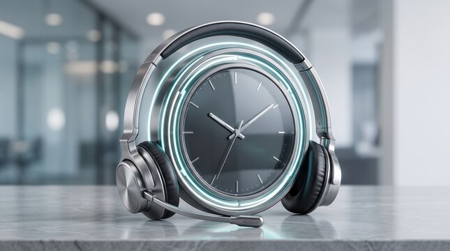 Concept design of a sleek black analog clock built into a pair of modern wireless headphones, studio lighting