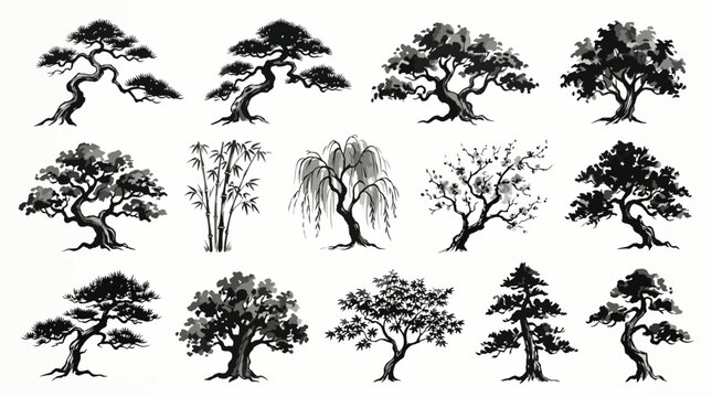 Set of hand drawn ink trees in traditional oriental style