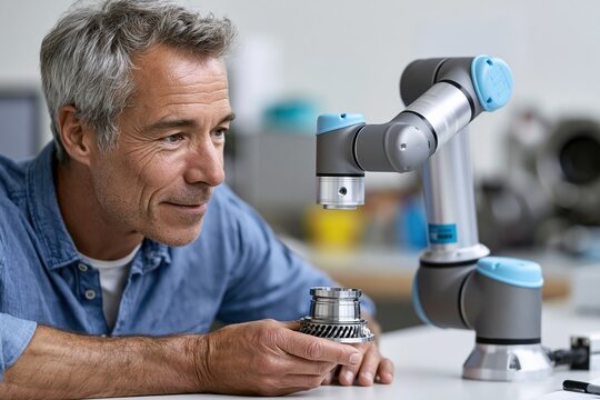Cobot arm presenting polished turbine component to engineer at workstation