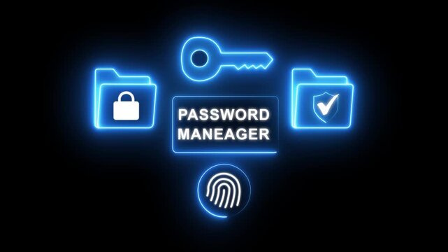 User accessing password manager with fingerprint, lock icons, and secure folder visuals on smartphone. neon line 3d animation on a black background.