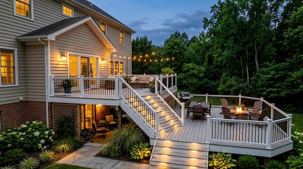 Fototapeta premium Beautiful multilevel backyard deck with outdoor furniture and string lights at twilight