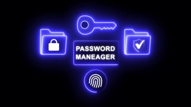 User accessing password manager with fingerprint, lock icons, and secure folder visuals on smartphone. neon line animation on a black background
