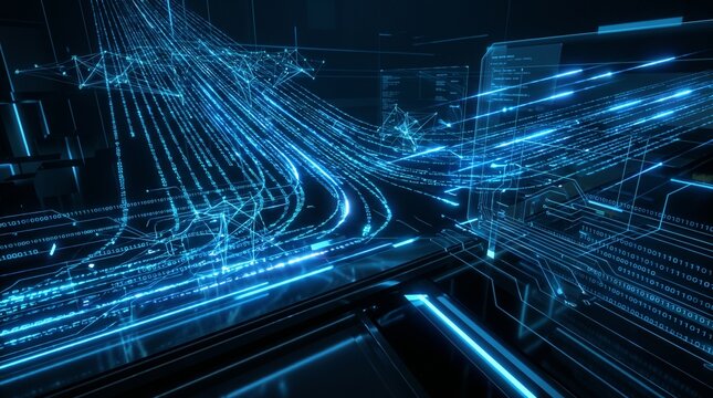 Futuristic abstract digital art representing data flow with glowing blue lines network connections and binary code on dark background.