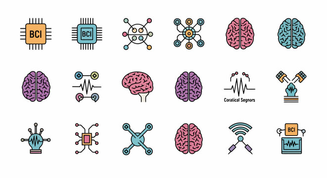 Collection of Brain Computer Interface and Technology Icons.
