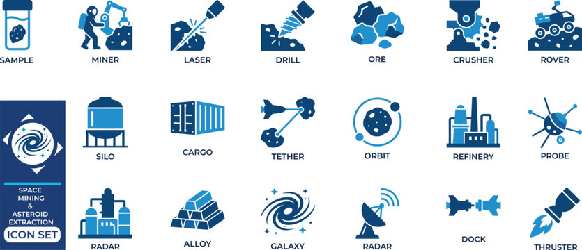 Space mining and asteroid extraction icons set for future industry exploration including robotics technology drill and refinery.