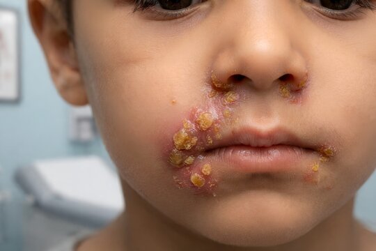 Medical portrait of a young child suffering from impetigo, showing characteristic crusted sores on the skin of the face, essential visual resource for pediatric dermatology and health education