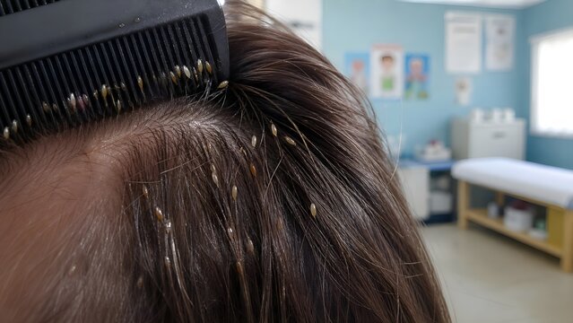 Professional clinic procedure capturing the careful removal of lice and nits from a patient's hair using a specialized fine-toothed comb for effective head lice infestation treatment and care