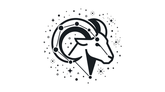 Aries Zodiac Constellation Symbol, Ram Head with Stars and Dots