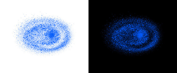 Abstract blue particle explosion on white and black backgrounds, cosmic dust ring with glowing core, futuristic energy blast design element png © Smart Studio