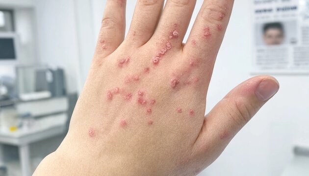 Scabies burrow lesions, macro photograph showing s-shaped burrows and inflammatory papules on human skin, medical documentation of parasitic mite infestation, dermatological diagnosis of scabies