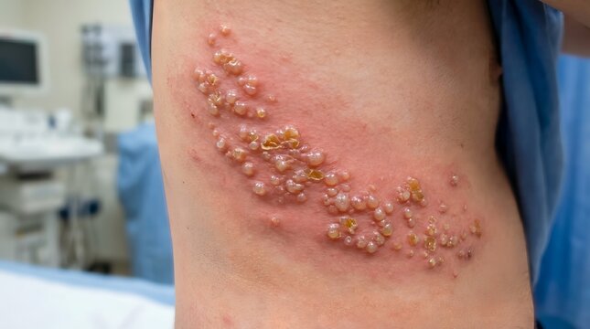 Shingles herpes zoster dermatomal vesicular rash on human skin, close-up of painful blistered skin eruption following nerve pathways, medical photography of viral infection, dermatological condition
