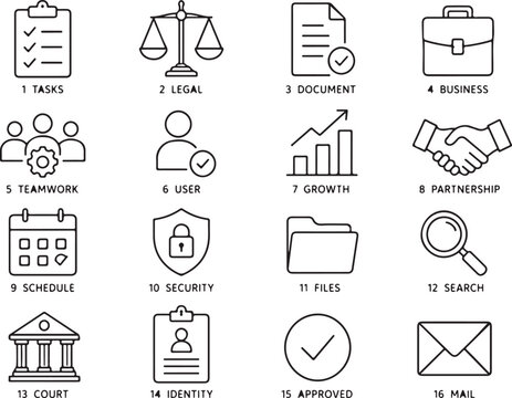 Set of sixteen hand drawn business and office icons on white background Vector