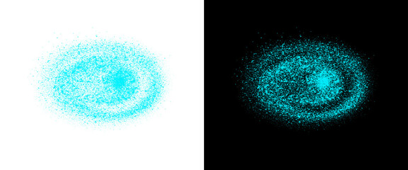 Obraz premium Cyan spray paint texture on white and black background, neon blue aerosol splatter effect, abstract circular paint drip element for graphic design png
