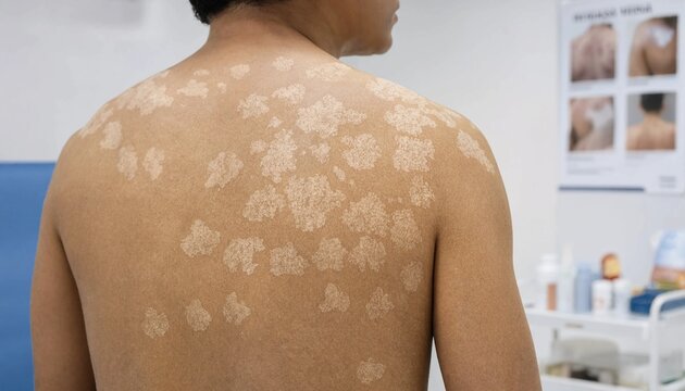 Person with visible tinea versicolor skin condition during a dermatologist office visit, medical consultation for fungal skin infection, skin health diagnosis, professional dermatological checkup
