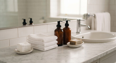 Fototapeta premium Marble sink counter with folded towels, amber pump bottles, soap dish, white cup, faucet, and clean bright bathroom light