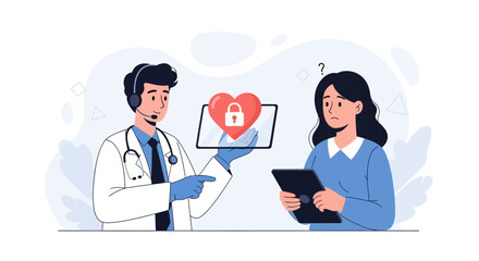 Fototapeta premium Doctor Explains Secure Heart Health Data on Tablet to Confused Patient, Telemedicine Concept