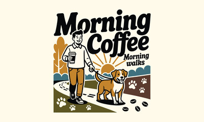 Fototapeta premium Man Walking Dog on Path with Morning Coffee Retro Vintage Illustration