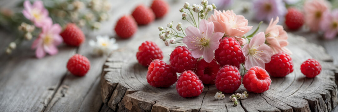 Wide banner poster with copy space for text red raspberries on table background AI Generative