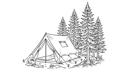 Vintage camping tent line art illustration, rustic forest campsite with pine trees, hand drawn outdoor adventure vector sketch on white background © Sabir