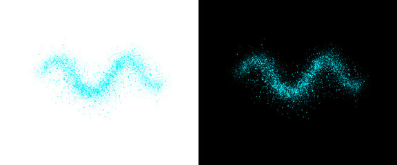 Cyan glitter wave trail on white and black backgrounds, glowing blue sparkle dust path, magic light particle effect for design © Smart Studio