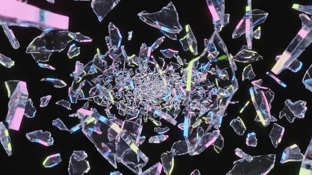Abstract broken glass shards with neon glowing edges floating in zero gravity on black background