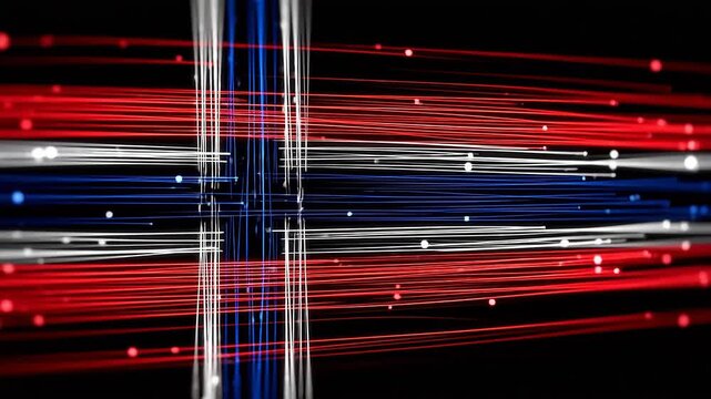 Abstract Norwegian flag pattern in glowing red white and blue fiber-optic light streaks on black, neon motion background, 4K background video