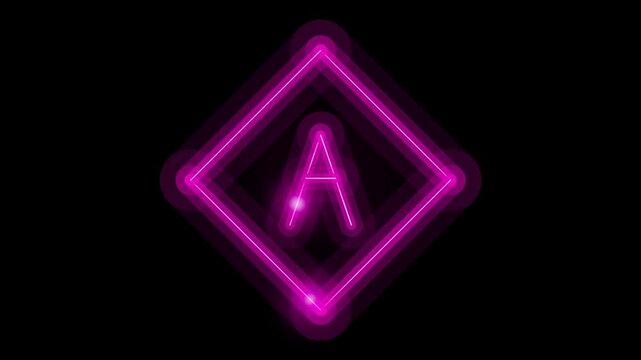 Glowing Neon Purple Letter A Sign Inside Diamond Shape Frame, Animated Cyberpunk Alphabet Typography On Dark Background, Retro Futuristic Glowing Text Element With Pulsing Light Effect
