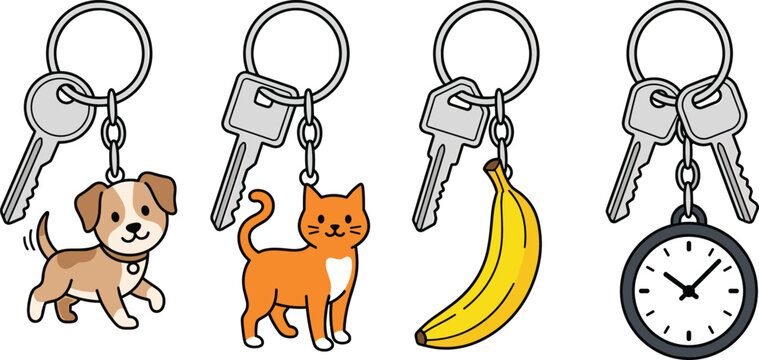 Cute Keychain Set with House Keys Dog Cat Banana and Pocket Watch Charm Illustration Bundle