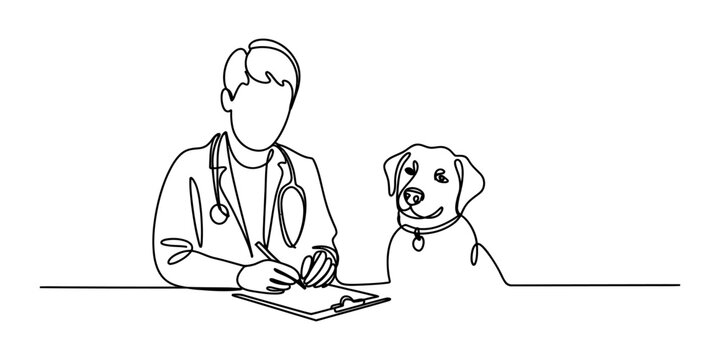 Continuous single line drawing of a male veterinarian doctor sitting at a desk with a cute dog for a medical checkup consultation Vector, illustration
