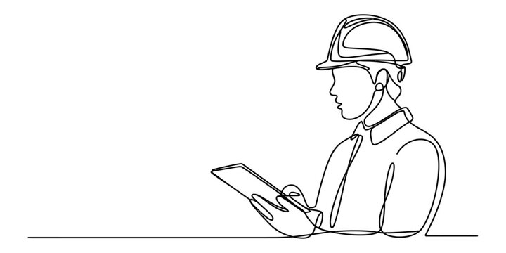 Continuous single line drawing of a construction worker wearing a hard hat and holding a tablet isolated on white background Vector, illustration